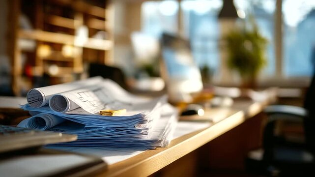 Architect workspace with blueprints and materials no people visible design studio architectural plans work surface professional environment planning materials drafting desk