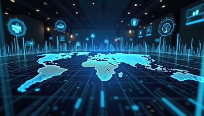 A digital world map displayed in blue tones with glowing data points and icons representing technology and connectivity. The background is dark and modern.