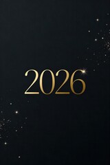 A black New Year 2026 illustration with minimal gold lettering and subtle sparkling dust. Elegant festive layout ideal for holiday greeting cards, winter promotions and marketing visuals.
