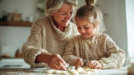 European Grandmother and granddaughter baking cookies together in cozy kitchen