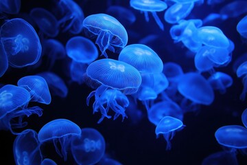 Blue glowing jellyfish group in dark aquatic habitat, luminous marine fauna, science or mystical background design concept.