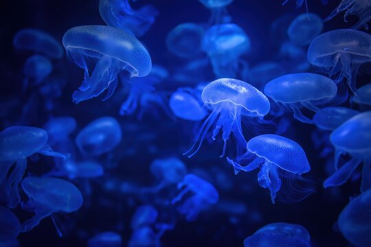 Bioluminescent jellyfish swarm in deep blue ocean, glowing tentacles in dark water, marine life concept for science or education.