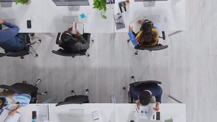 People, call center and above for contact, group or customer support with pc at investment company. Men, women and consultant team in office, voip headset or financial advisory services at agency - Powered by Adobe