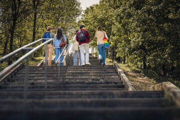 A diverse group of young friends walking up outdoor stairs in spring sunlight, symbolizing unity,...