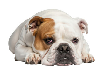 Obraz premium Adorable white and brown bulldog resting peacefully isolated on transparent background