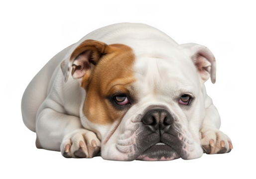 Adorable white and brown bulldog resting peacefully isolated on transparent background