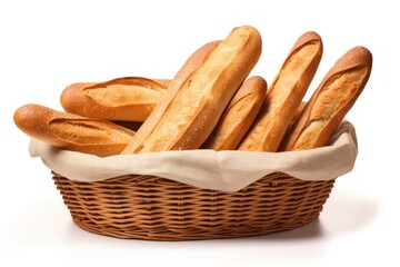 French baguette in a basket bread food white background.