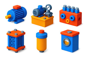 Industrial Icon Set. 3D icon set of industrial hydraulic stations: electric motor, hydraulic power pack, manifold block, heat