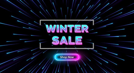 Image of text "Winter Sale" in neon colors, set against a black background with radiating blue light streaks, representing a seasonal promotion or offer