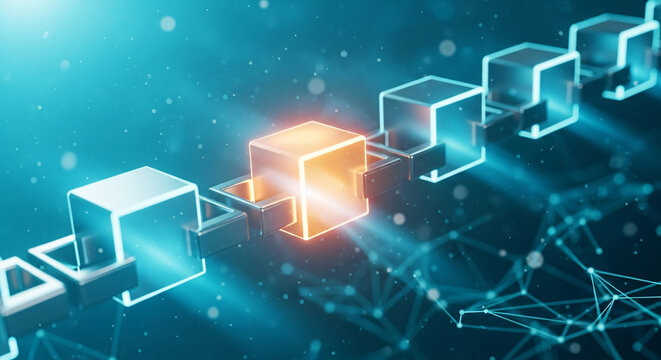 A blockchain illustration with interconnected cubes and one glowing orange cube in the center