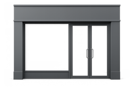 Storefront facade mockup with blank sign and transparent glass for business display and advertising