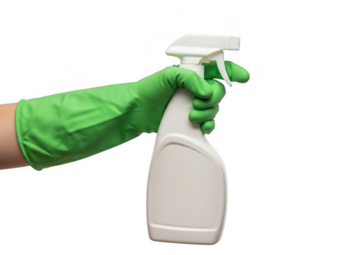 Hand in green glove holding spray bottle isolated on transparent background