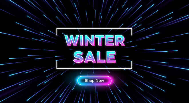 Image of text "Winter Sale" in neon colors, set against a black background with radiating blue light streaks, representing a seasonal promotion or offer - Powered by Adobe