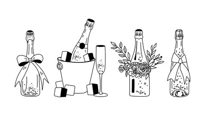 Champagne Bottle Vector Set – Celebration Drinks, Sparkling Wine, Ice Bucket, Floral Decor, Festive Bow, Party Illustration for Wedding, Christmas, New Year, Holiday Designs