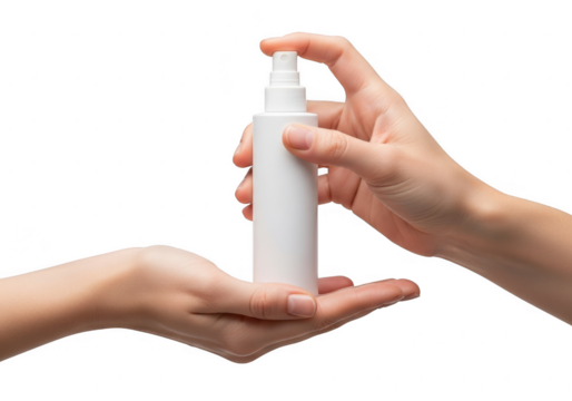 Hand holding a white spray bottle isolated on transparent background - Powered by Adobe