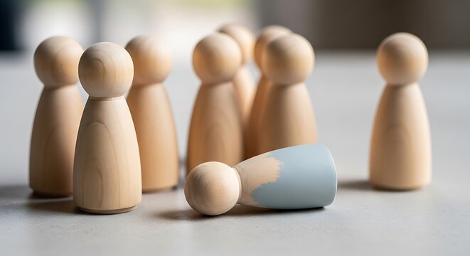 Vulnerable individual in a group one wooden figure fallen while others stand tall