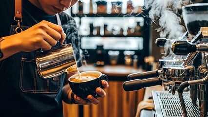 Professional barista pouring steamed milk to create latte art in a coffee cup.
