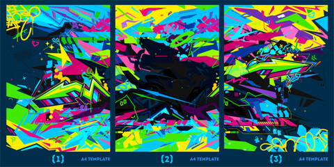 Cool Colorful Neon Abstract Urban Graffiti Style A4 Posters Vector Illustration Background Templates Set