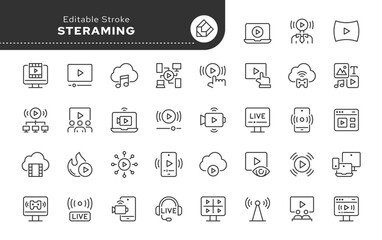 Streaming line icon set. Live stream, broadcast, streamer, video, play, blog, podcast, television, screen and more. Outline icon in linear style. Vector collection.