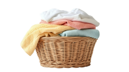 Freshly laundered towels and linens stacked neatly in a wicker basket in a bright laundry room.