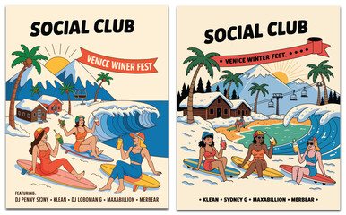 Social club Venice winter fest artwork showcasing tropical beach vibes, surfing lifestyle scenes, festive summer energy, palm trees, ocean waves, and vibrant retro illustration design elements.