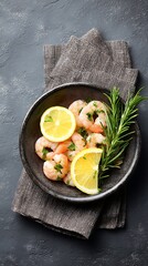 Raw marinated prawns with lemon and herbs top view