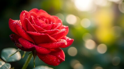 Vibrant Red Rose in Full Bloom with Dew Drops.