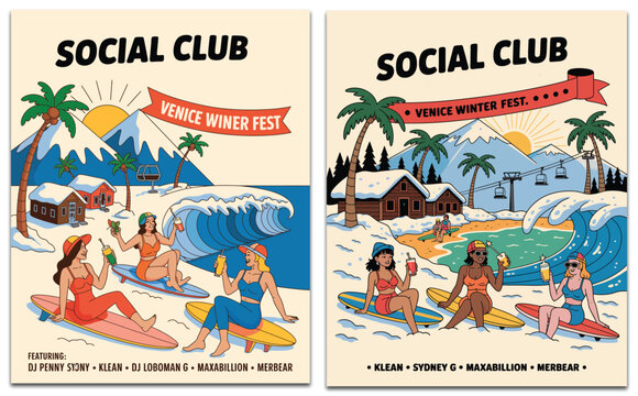 Social club Venice winter fest artwork showcasing tropical beach vibes, surfing lifestyle scenes, festive summer energy, palm trees, ocean waves, and vibrant retro illustration design elements.