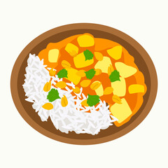 Thai Food. Curry with rice in a bowl, topped with herbs and nuts. For menus, recipe cards, restaurant posters, food blogs and social media posts.