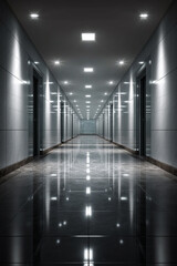 Minimal modern office corridor with polished granite floor reflecting ceiling lights, sleek architecture