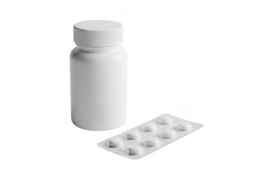 White pill bottle and blister pack of medication isolated on transparent background