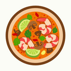 Thai soup with shrimp, lime wedges, mushrooms and herbs in a bowl. For menus, recipe cards, restaurant posters, food blogs and social media