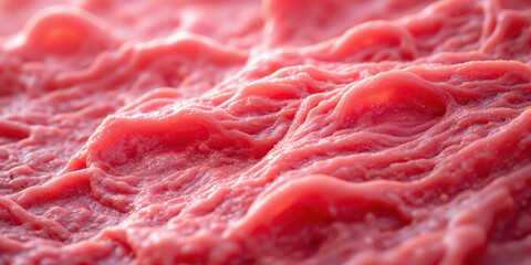 Cultured Meat Texture Study Lab-grown protein microscopic structure visualization in appetizing pink tones, food technology innovation aesthetic, ethical consumption abstract