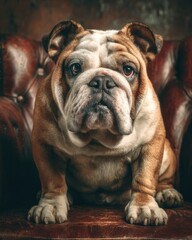 Fototapeta premium Adorable bulldog with its wrinkled face sits comfortably on a worn leather armchair, looking directly at the viewer with soulful eyes, a portrait of companionship.