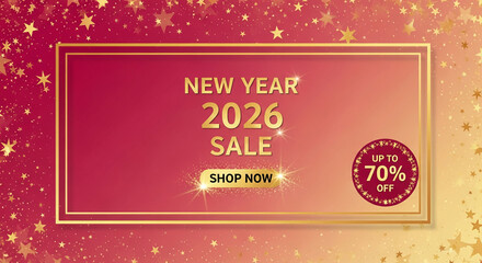 Naklejka premium Festive banner with gold frame, star decorations and glitter on red gradient background, promoting a New Year 2026 sale, representing celebration