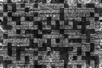 Black and white abstract background in a glitch and marbled noise style. Geometric rectangular blocks blend with fluid swirl patterns, creating a dynamic and high-contrast decorative texture. 