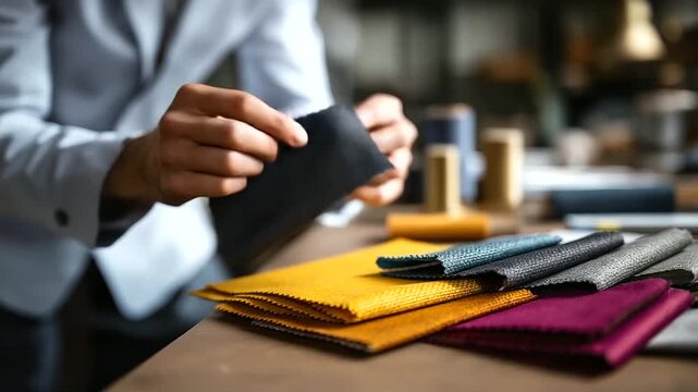 Hands examining fabric texture samples face not shown material selection textile samples fabric swatches texture examination design materials sample testing tactile