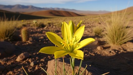 Vibrant Yellow Flower Blooms in Arid Atacama Desert Landscape.