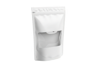Blank white stand up pouch bag with clear window isolated on transparent background