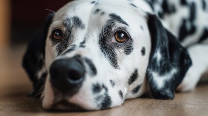 A beautifully spotted Dalmatian dog peacefully rests on the floor in a modern living room, embodying calm and relaxation in a cozy domestic setting today.