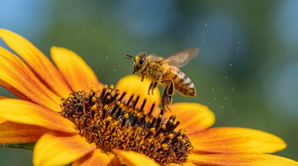 Honey Bee Pollinating Sunflower in Flight