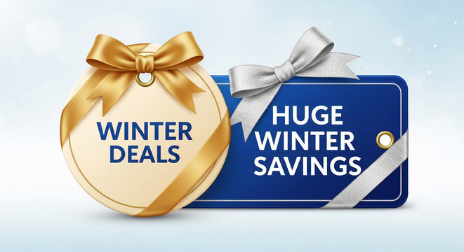 Two tags, one beige and round with gold ribbon, the other blue and rectangular with silver ribbon, saying Winter Deals and Savings, representing sales