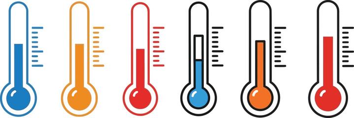 Colorful Thermometers Set with Varying Levels on White Background, Temperature Readings