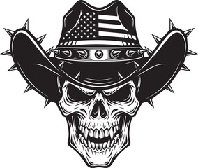 Skull in cowboy hat with American flag and spikes as a symbol of rebellious patriotism