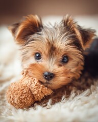 A playful Yorkshire terrier puppy with brown fur sweetly chews on a soft stuffed toy, lying on a fluffy white blanket while gazing directly at the camera indoors.