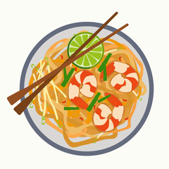 Thai Food. Pad Thai noodles with shrimp, lime wedge, sprouts and chopsticks on plate. For menus, recipe cards, restaurant posters, food blogs and social media.
