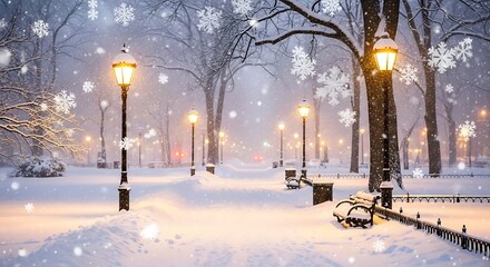 Snowy park pathway illuminated by vintage lampposts on a winter evening