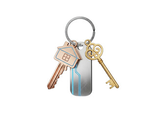 Set of Keys and Keychains Featuring a House Shape and Ornate Gold Key with Blue Accents on a Black Background