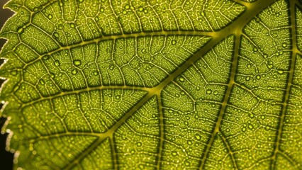 A closeup reveals a green leafs intricate vein structure adorned with water droplets The leafs serrated edge is softly illuminated