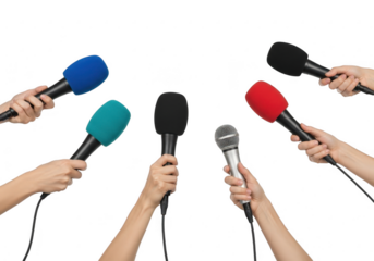 Multiple microphones held up for interviews isolated on transparent background